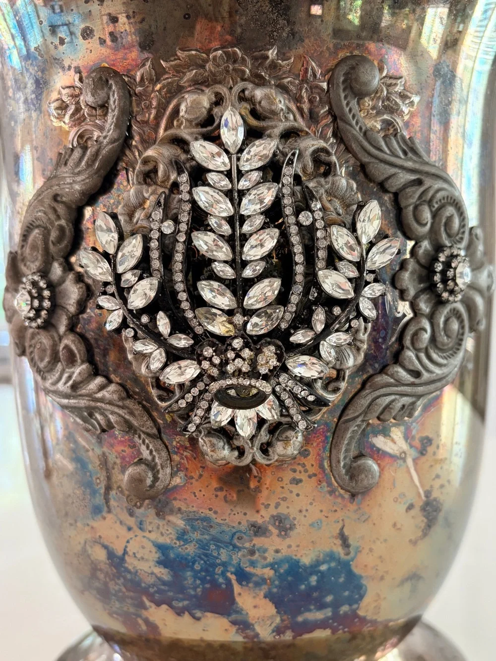 Vintage Silver-Tone Decorative wine bucket with Rhinestone Emblellishments